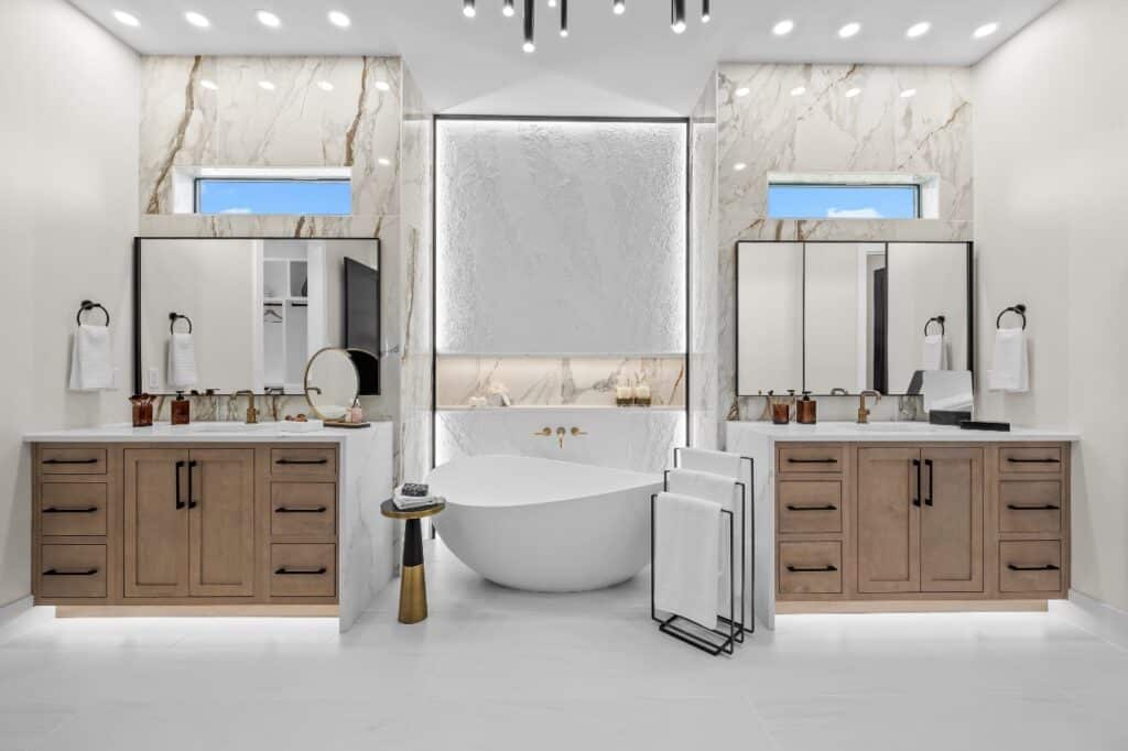 luxury bathroom with soft close cabinet by Prodigy Homes